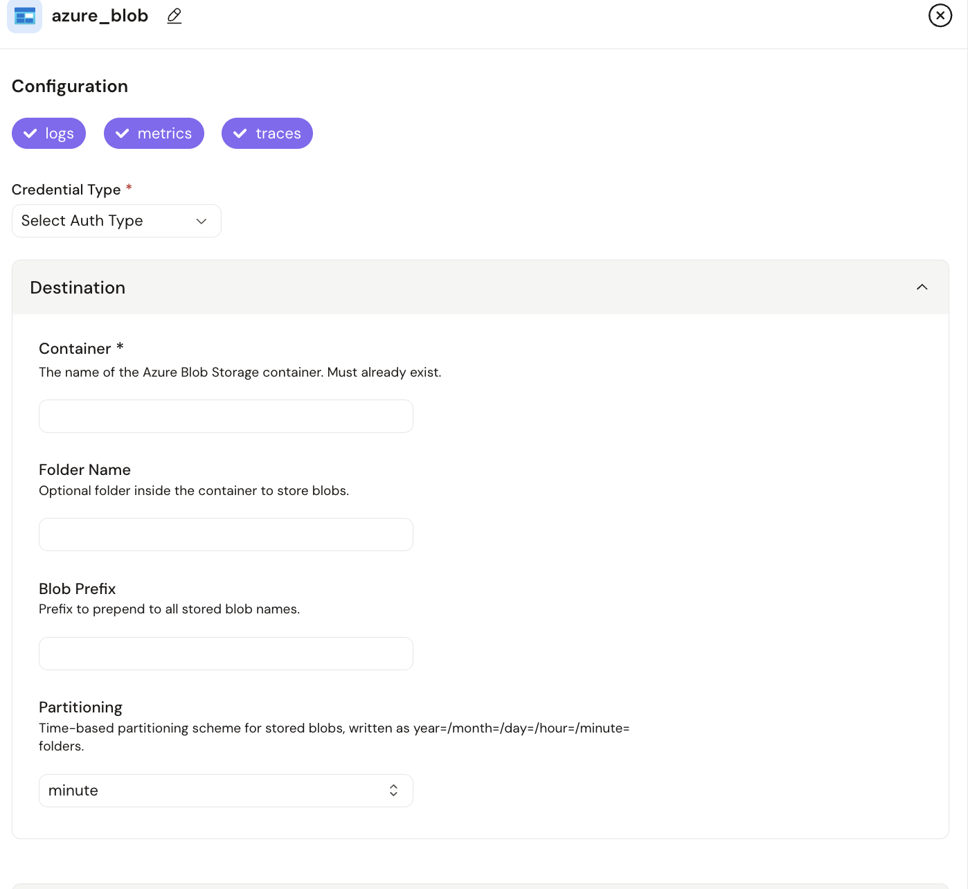 Azure Blob Storage destination configuration (1 of 2)