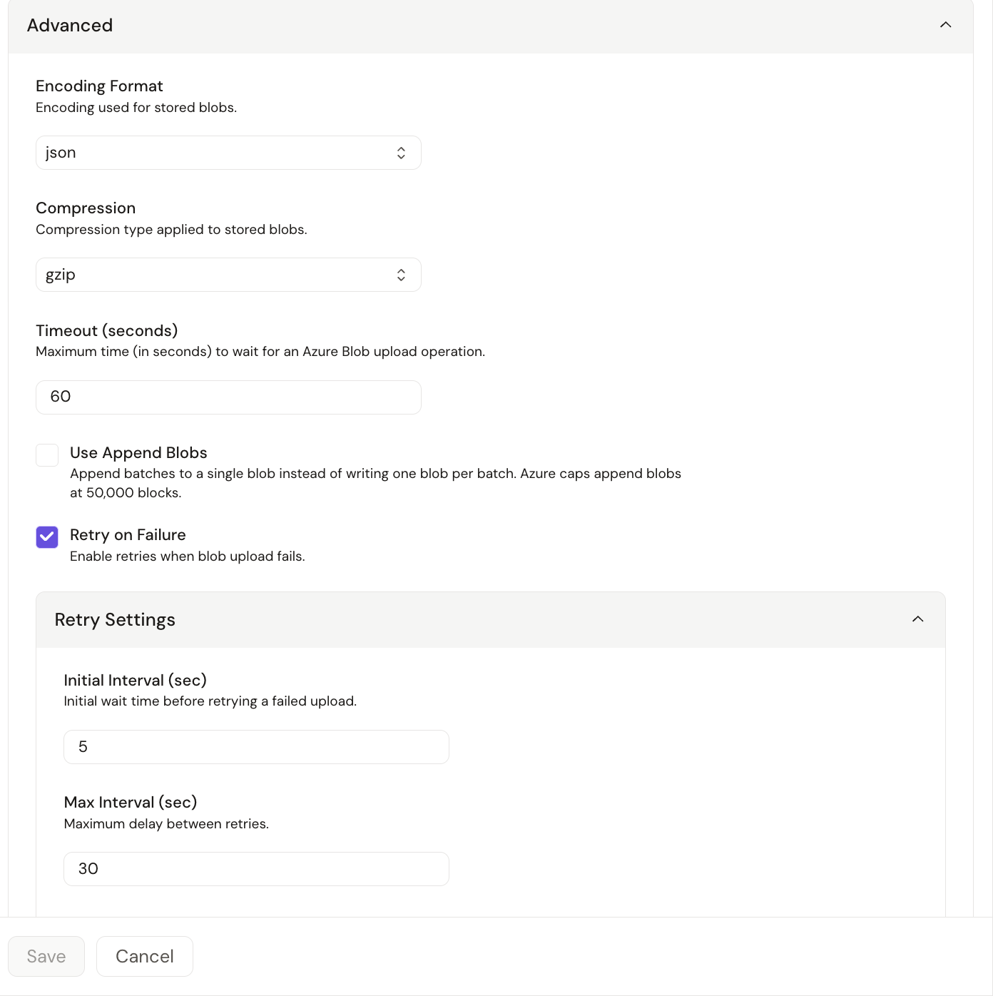 Azure Blob Storage destination configuration (2 of 2)