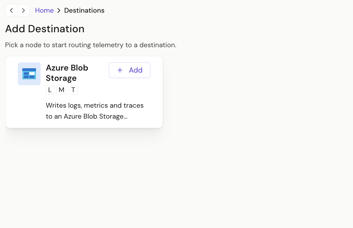 Azure Blob Storage destination on the Add Destination page