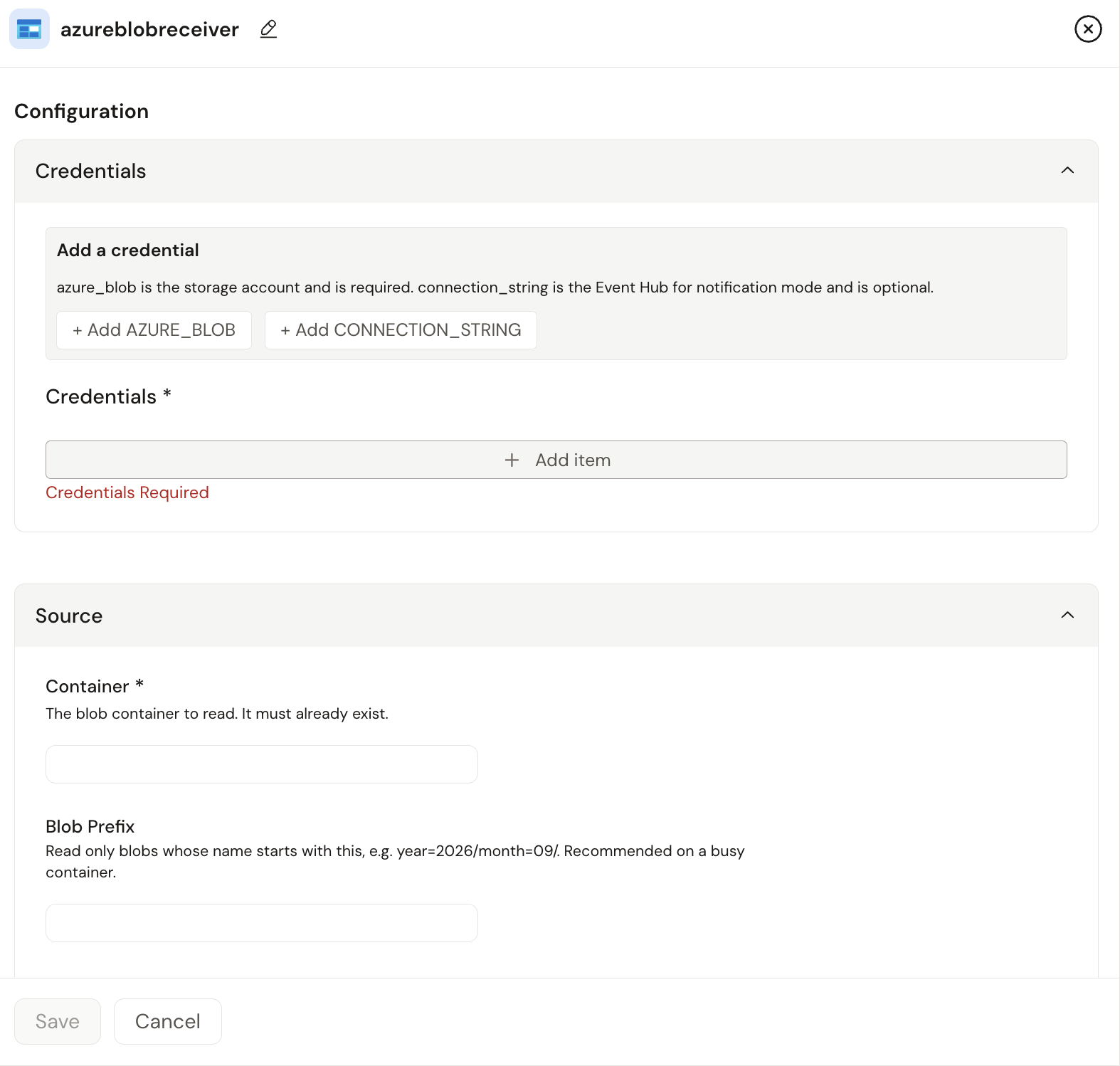 Azure Blob Storage source configuration