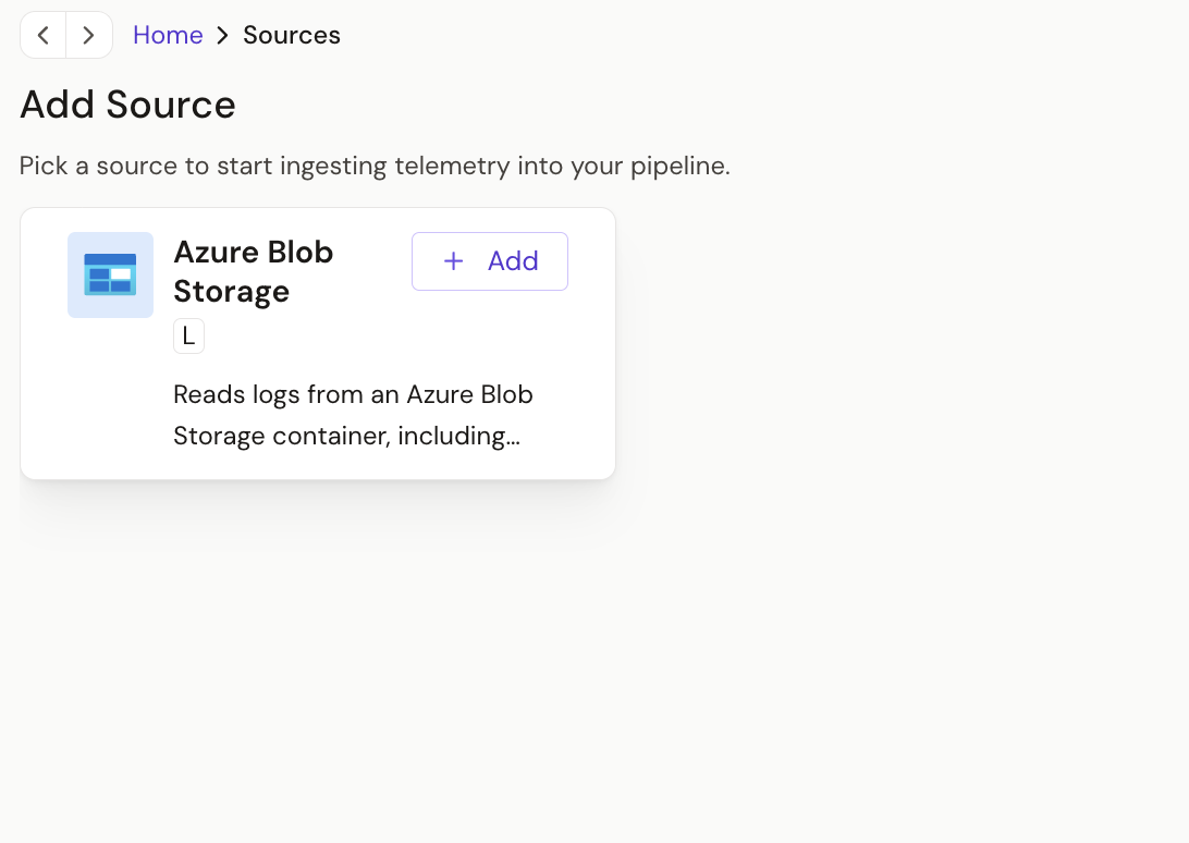 Azure Blob Storage source on the Add Source page