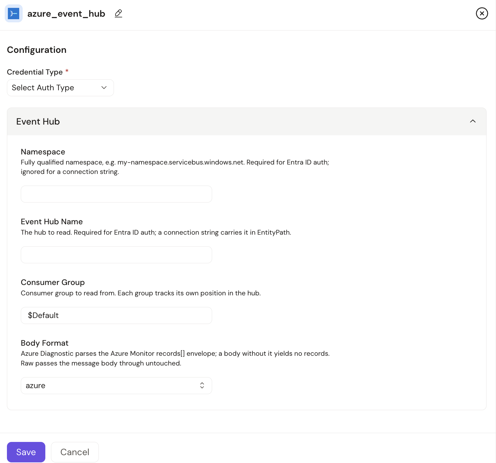 Azure Event Hub source configuration (1 of 2)