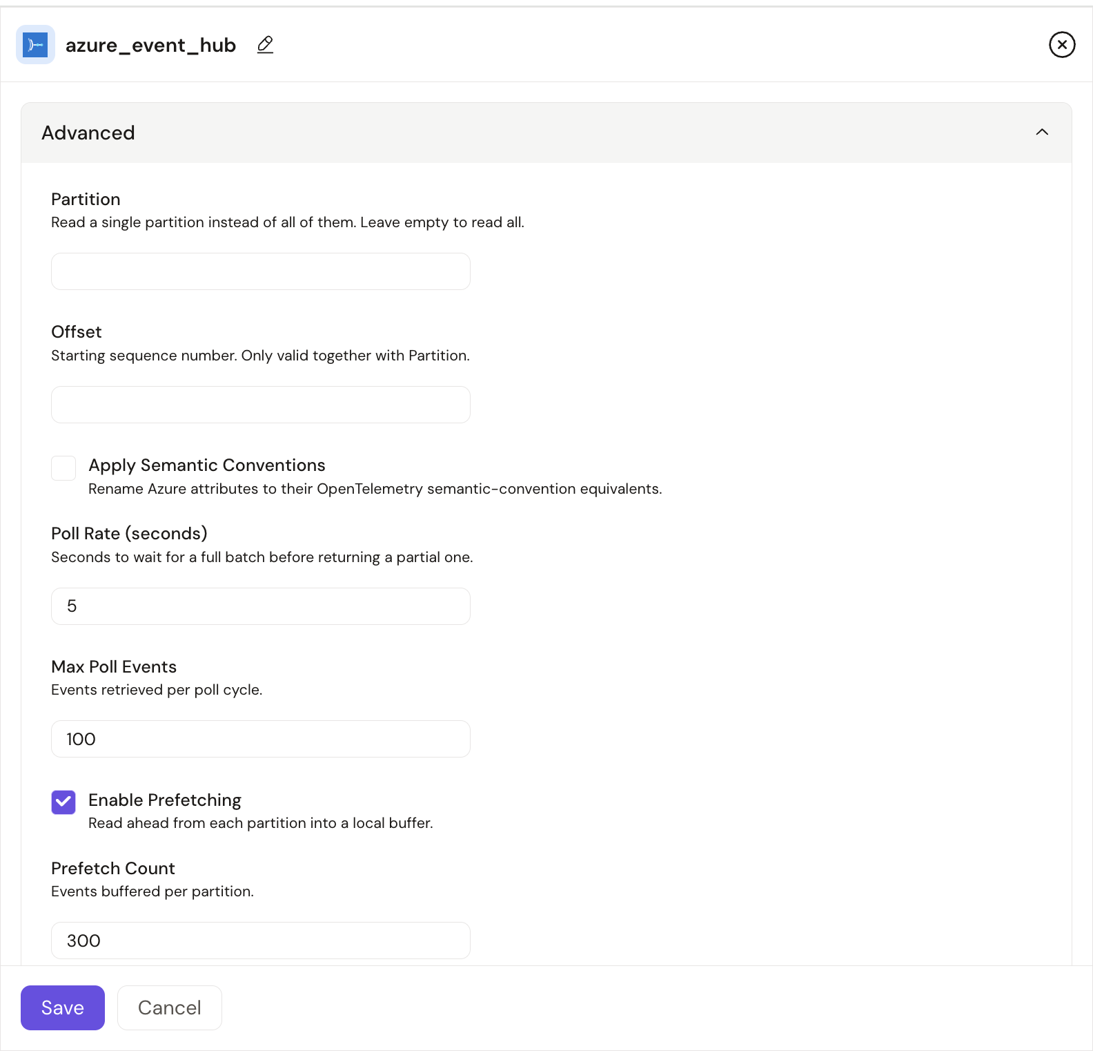 Azure Event Hub source configuration (2 of 2)