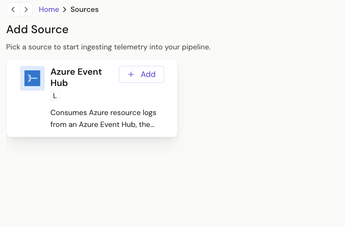 Azure Event Hub source on the Add Source page