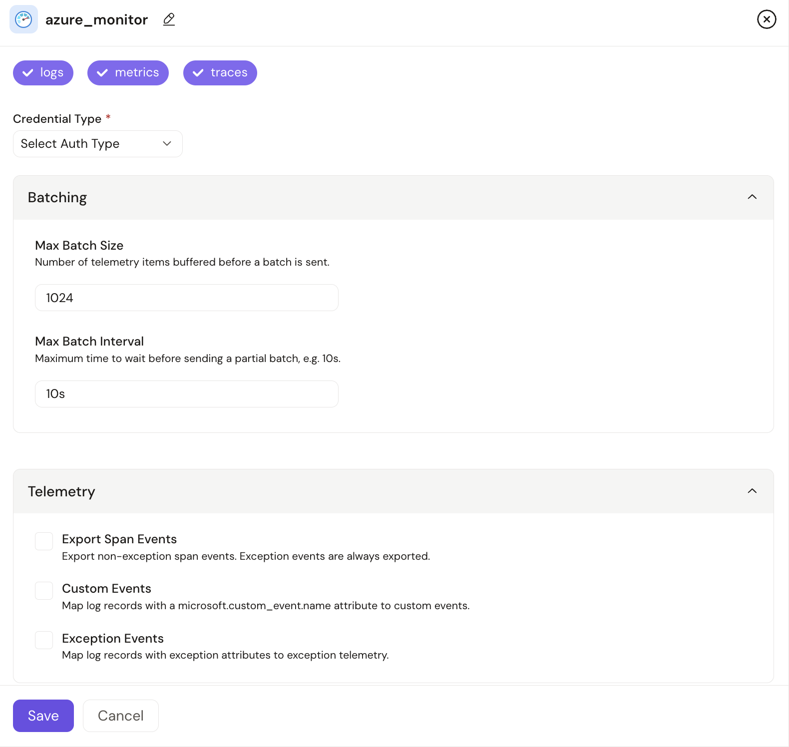 Azure Monitor destination configuration