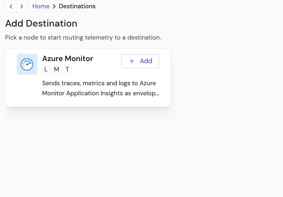 Azure Monitor destination on the Add Destination page