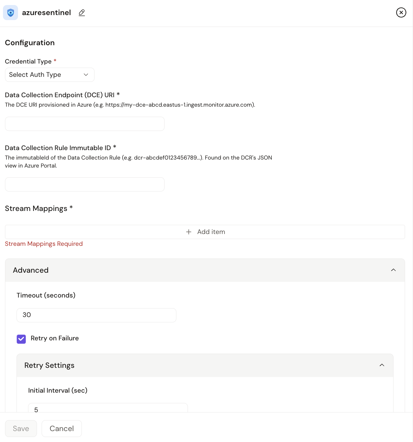 Microsoft Sentinel destination configuration